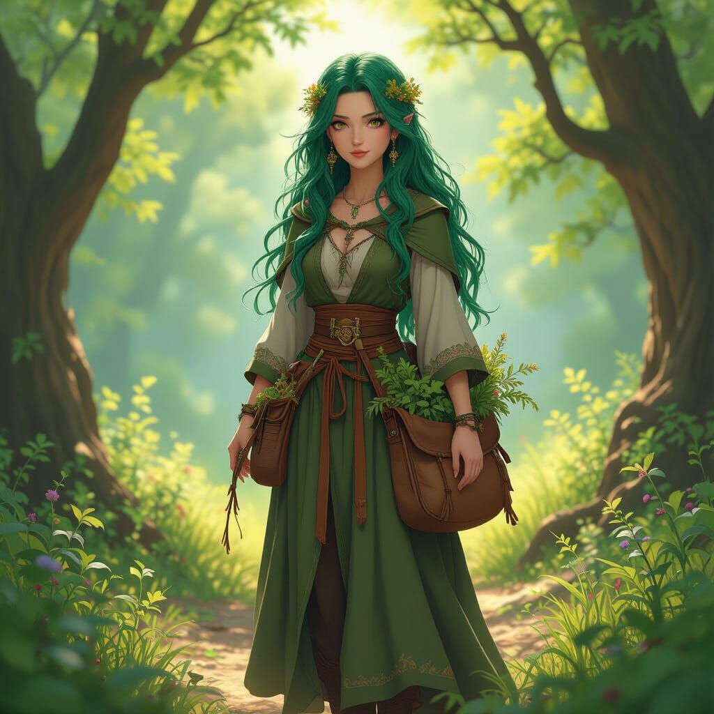 Hedge Witch Healer with Green Hair in Forest Clearing