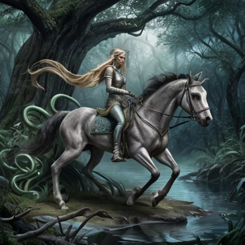 Elven Princess Battles Nuckelavee Beast in Shadowed Glade