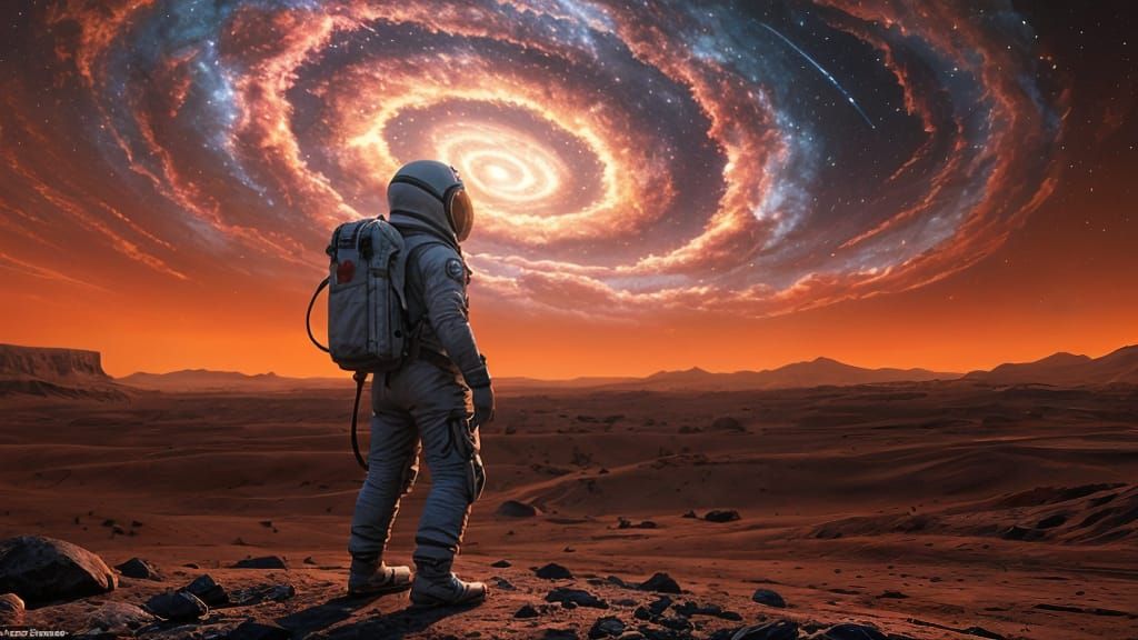 Astronaut on Alien Planet Gazing at Nebula