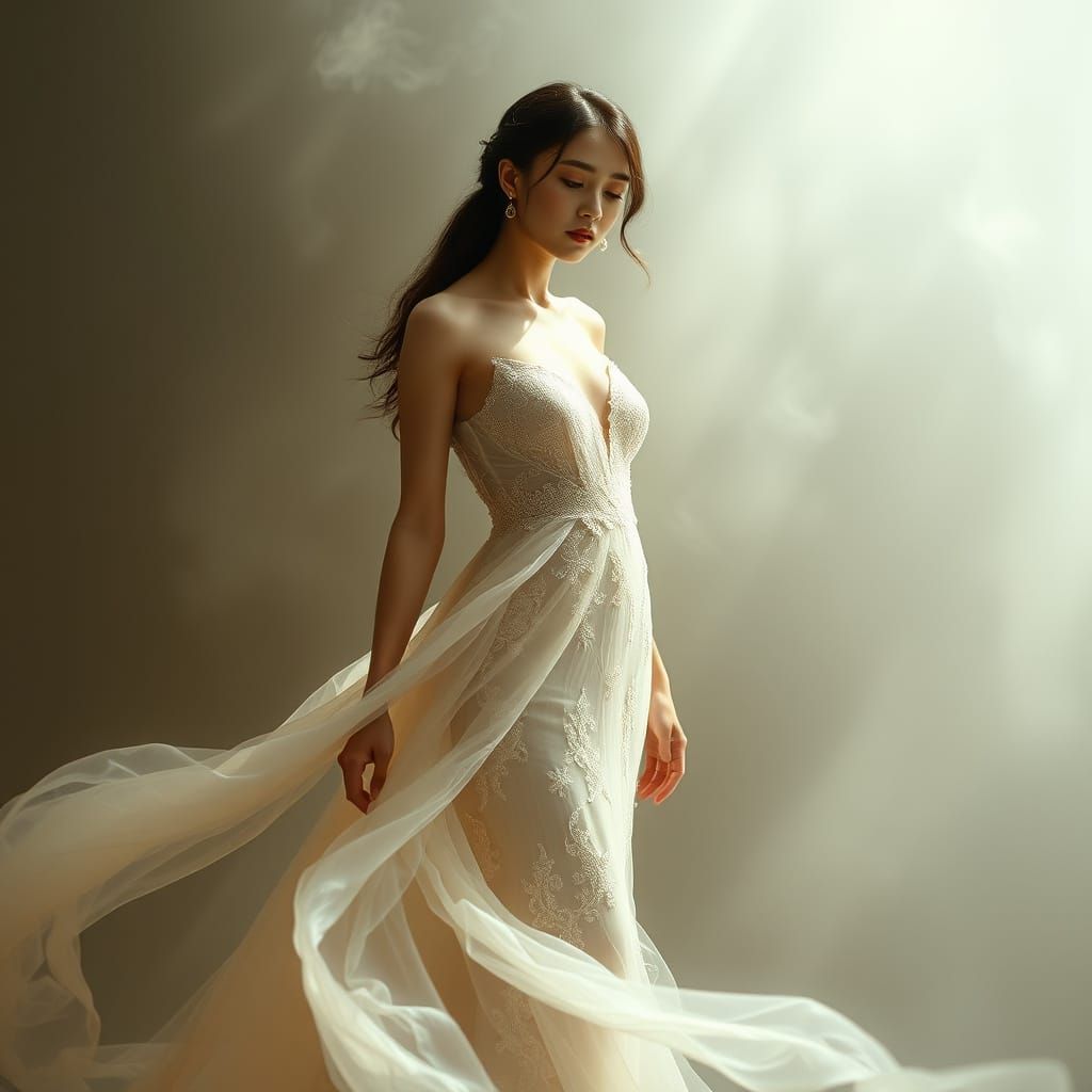 Ethereal Woman in Flowing Gown: Dreamy Romantic Art