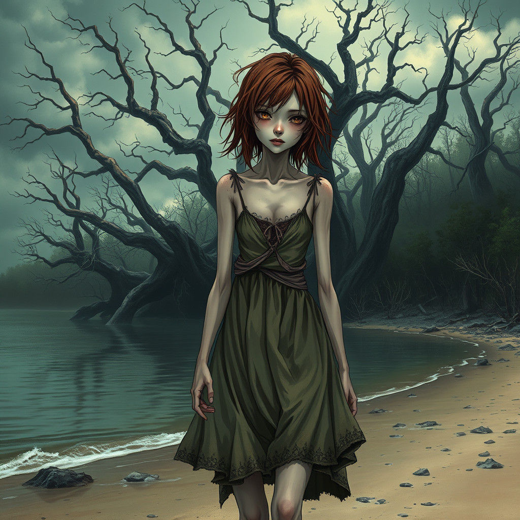 Eerie Anime Woman on Desolate Beach in Horror Art Style