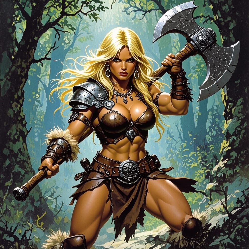 Female Barbarian with Axe in Dark Fantasy Style