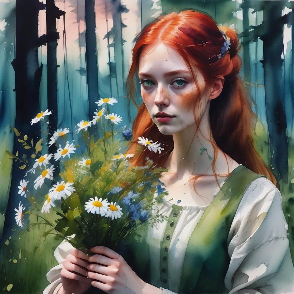 Redhead Girl in Forest Glade: Renaissance Art