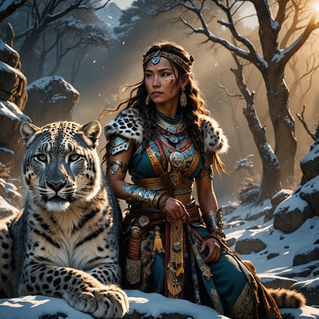 Tribal Warrior Woman with Snow Leopard in Sunlight