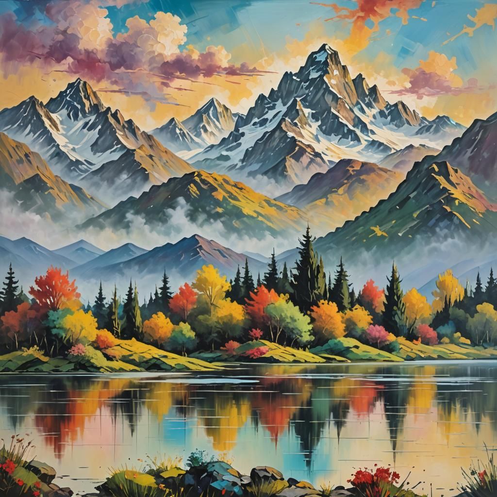 Impressionist Graffiti Landscape with Mountains and Lake