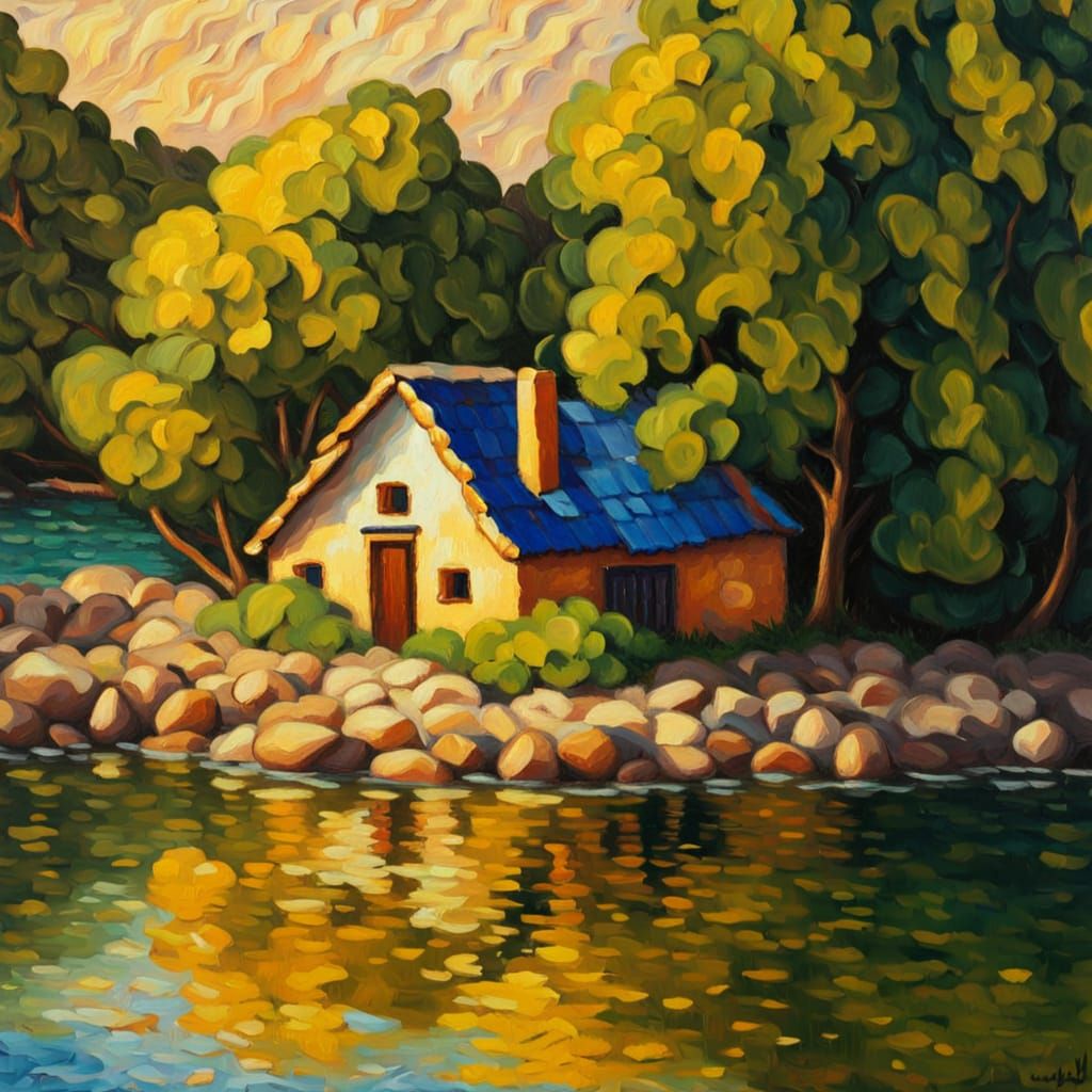 Tiny House by River in Neo-Impressionist Style