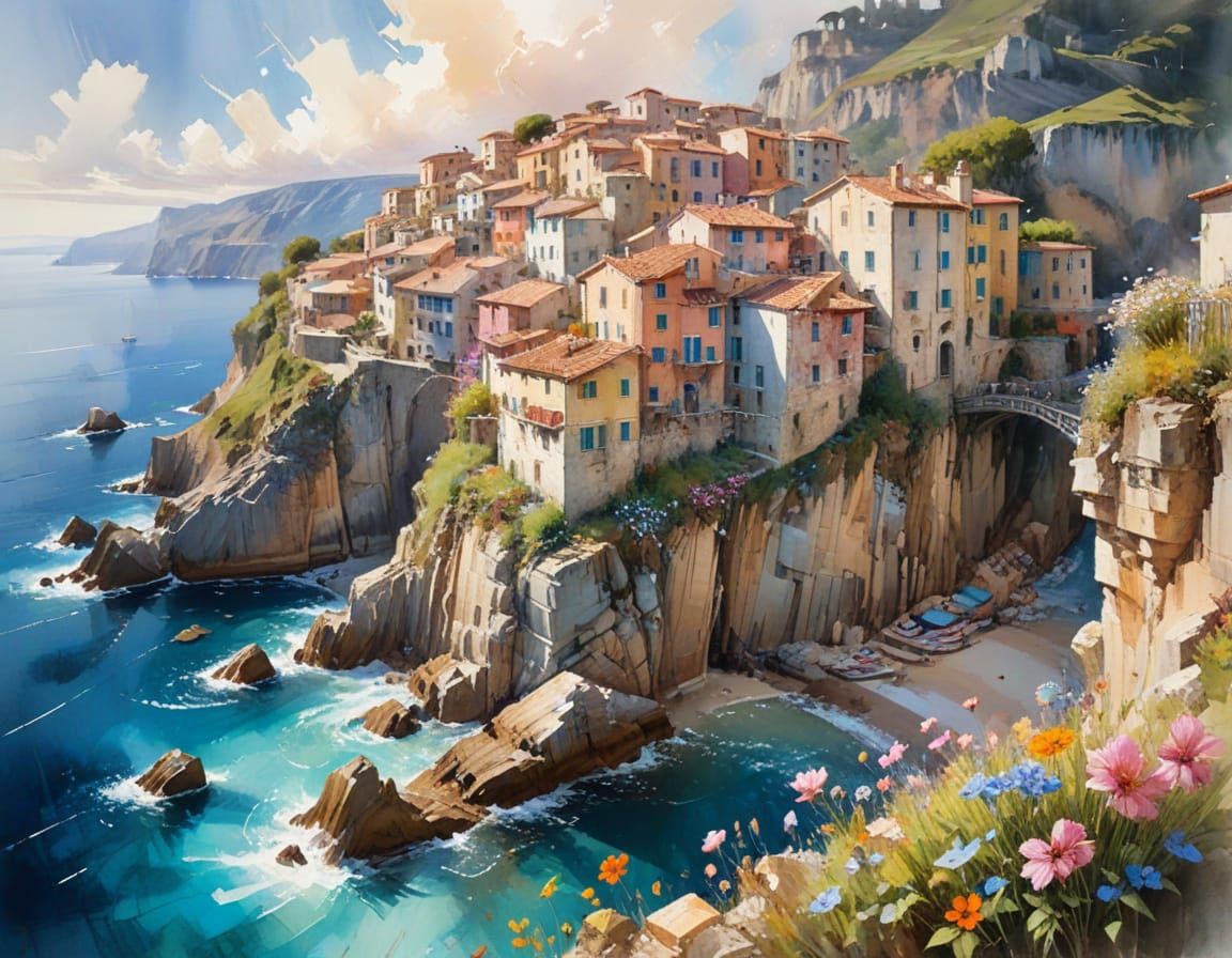 Italian Cliffside Village in Spring with Pastel Oil Paint St...