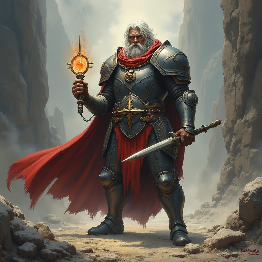 Heroic Half-Orc Paladin in Fantasy Landscape