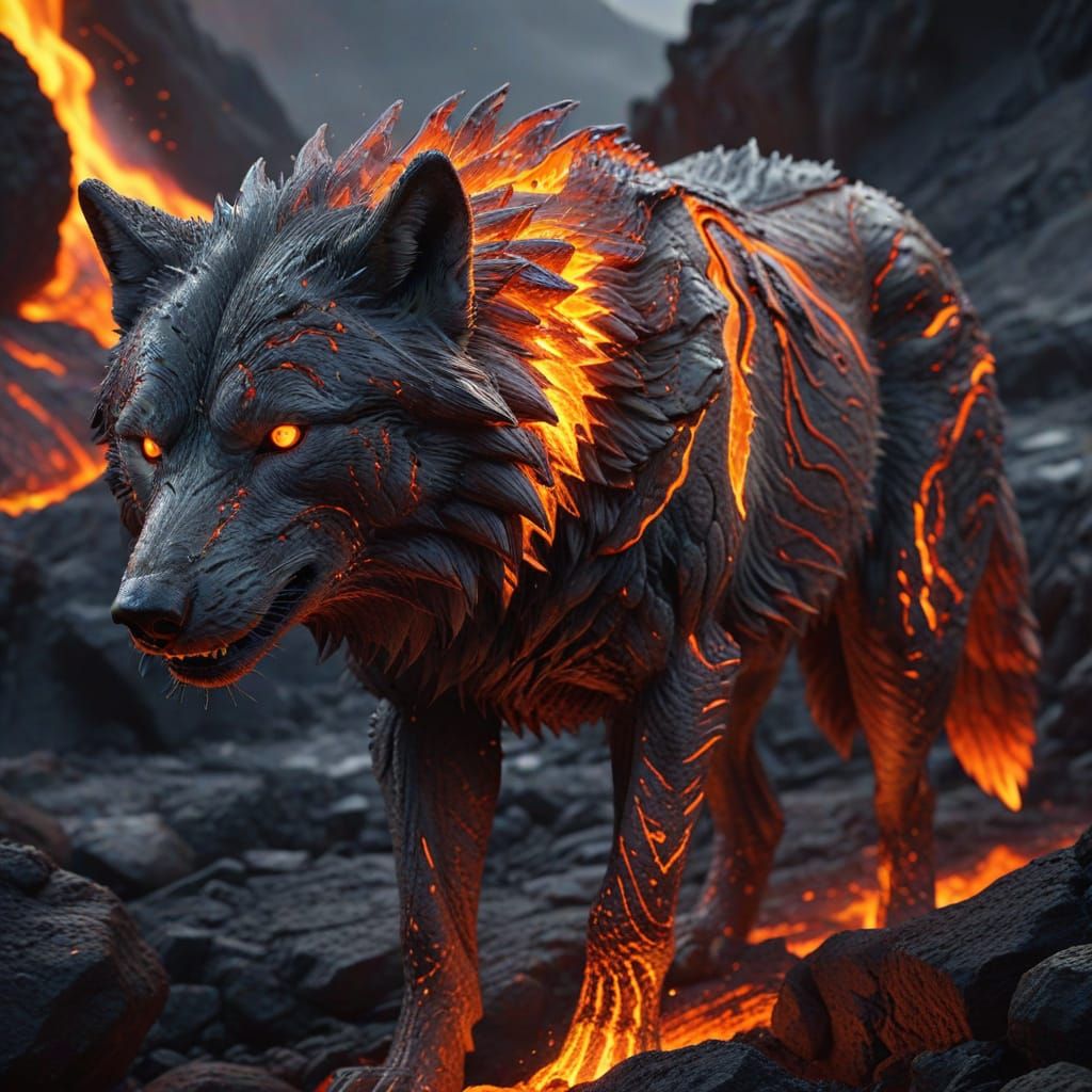 Majestic Lava Wolf Prowls Volcanic Landscape