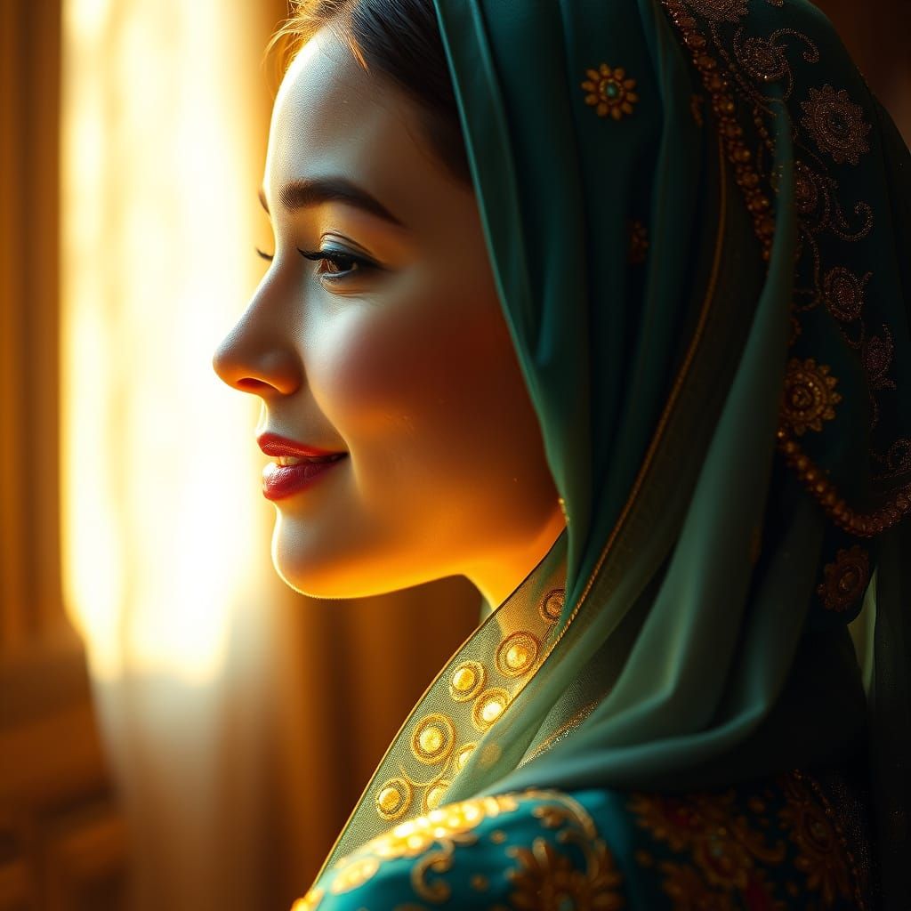 Ethereal Woman in Soft Light, Radiating Warmth and Quiet Con...