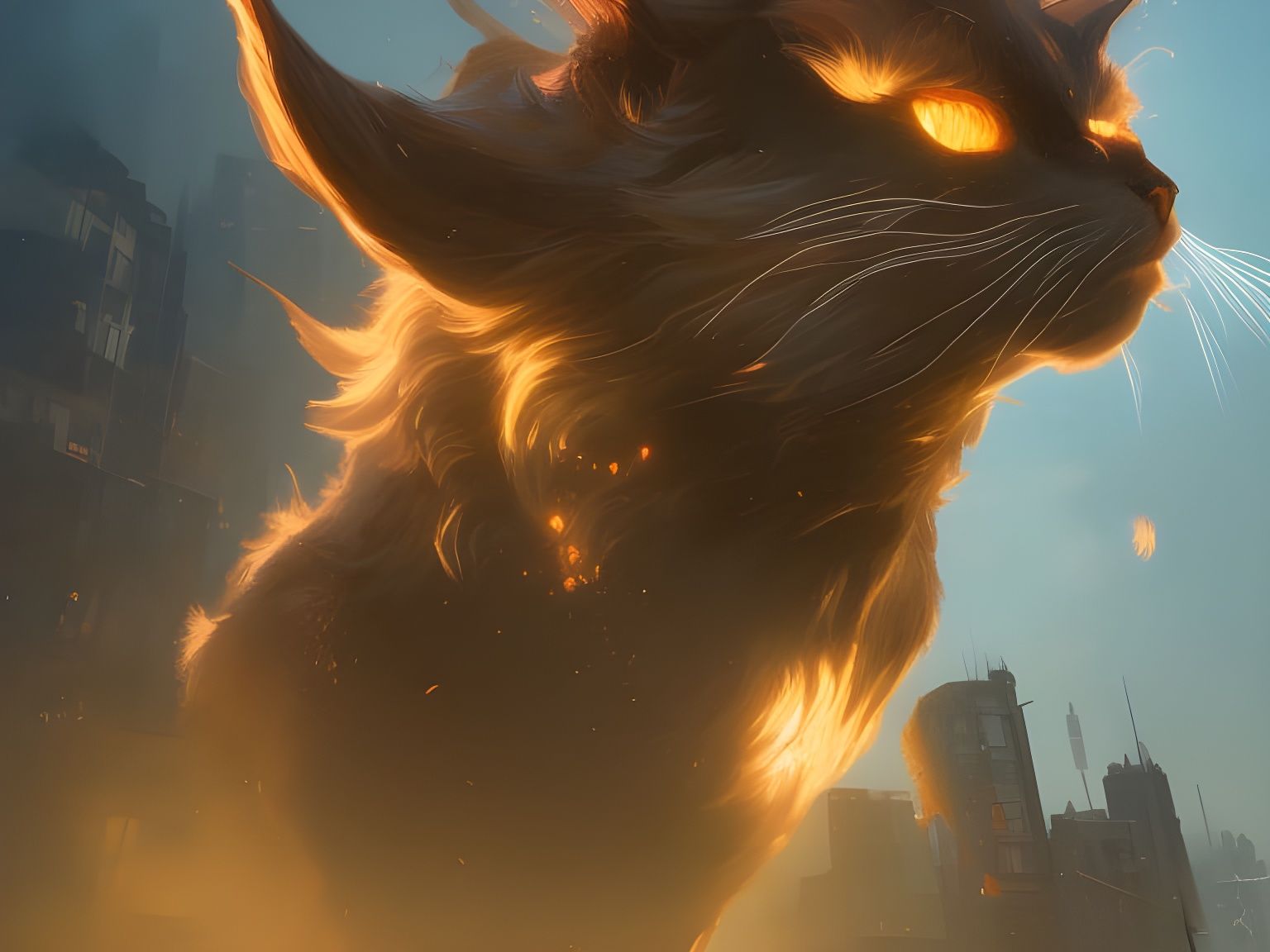 Giant Cat Elemental Destroying City, Hyperdetailed Art