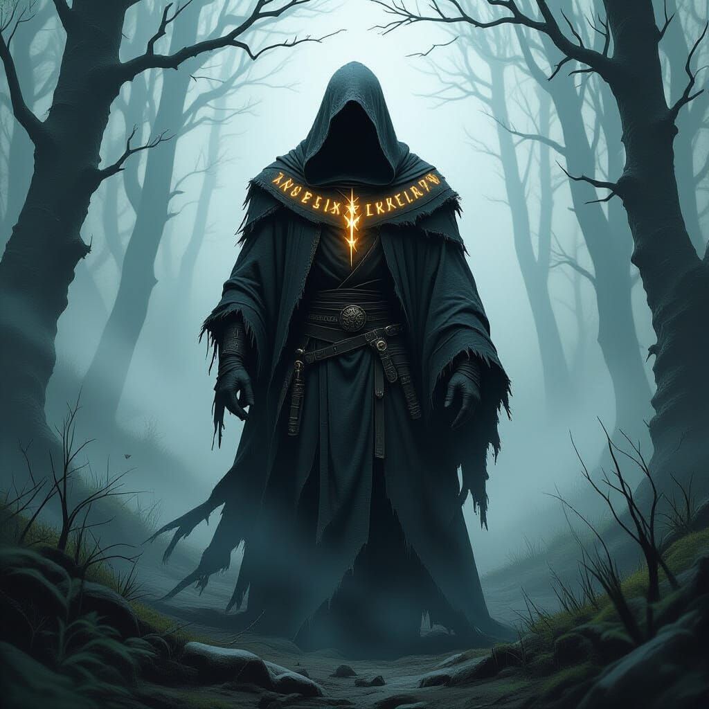 Dark Fantasy Warrior in Misty Forest with Glowing Runes