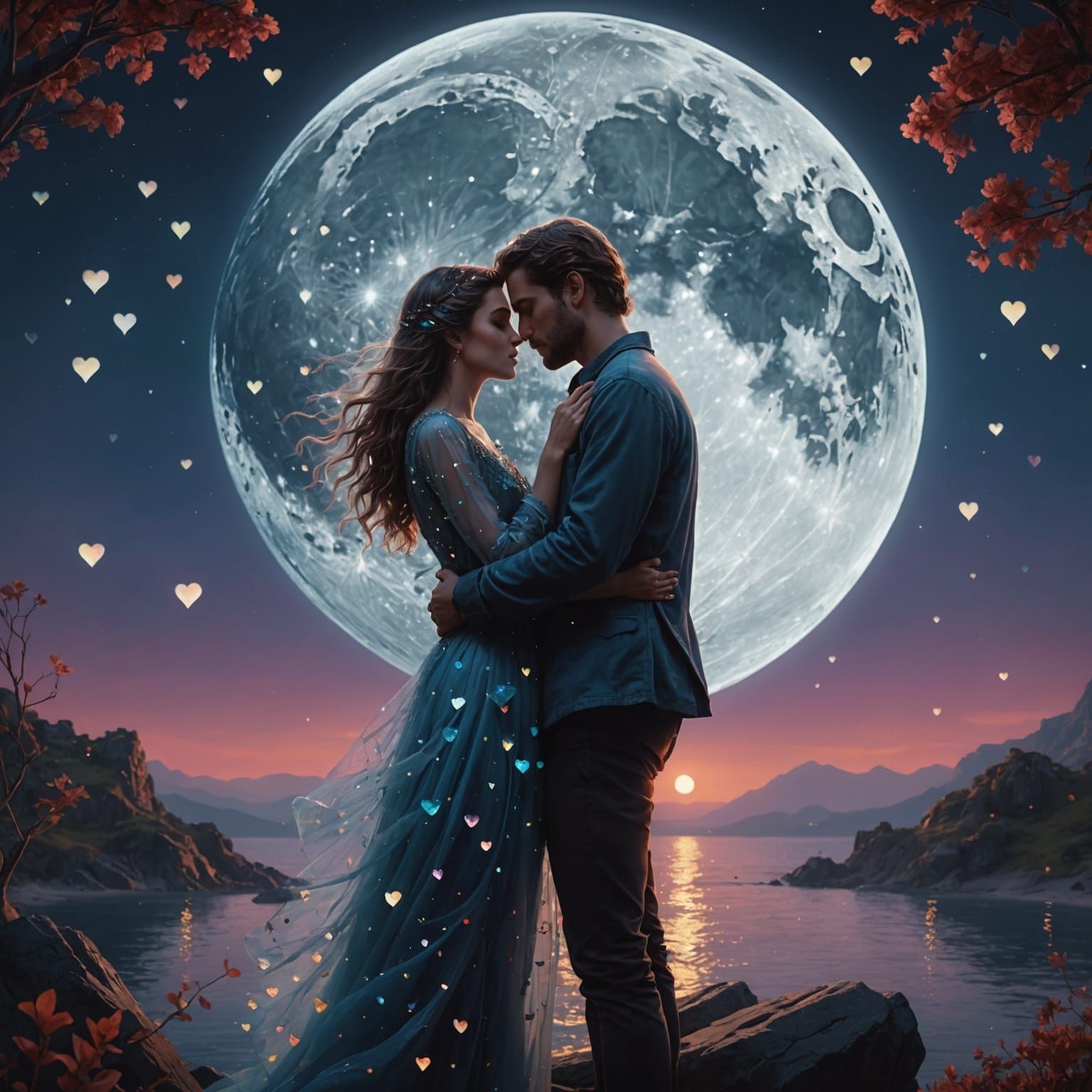 Lovers Painting on the Moon with Hearts