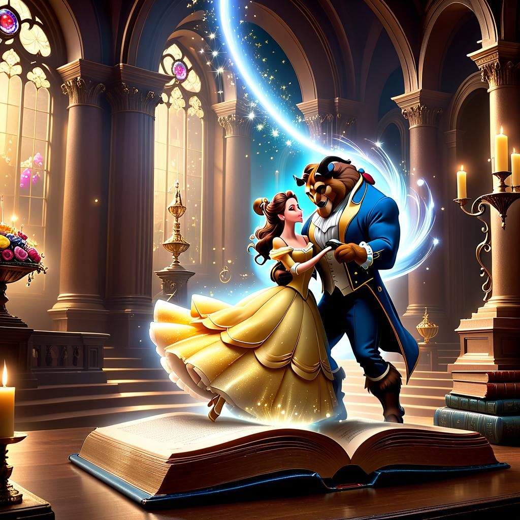 Belle and Beast Dancing in Magical Book, Digital Art