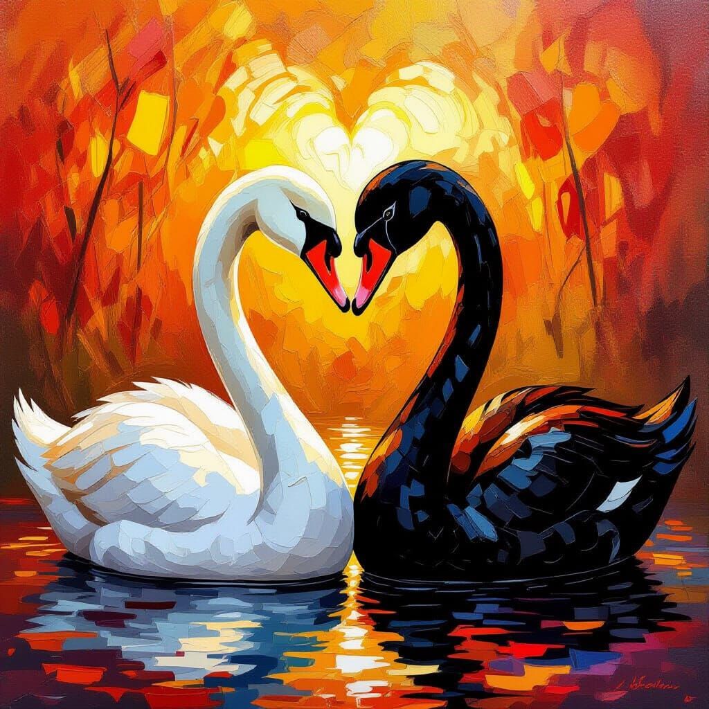 Two Swans Form Heart with Impasto Oil Texture