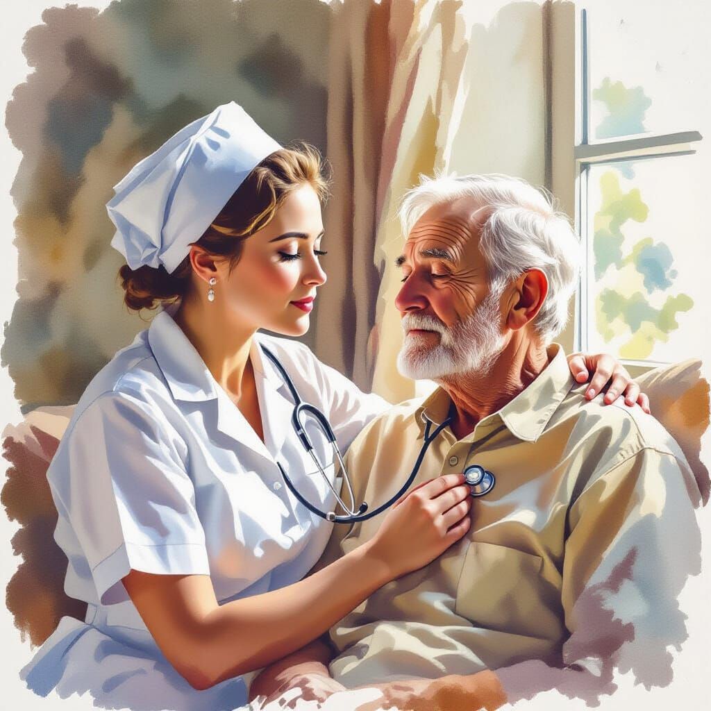 Compassionate Nurse Listens to Patient's Breathing in Waterc...