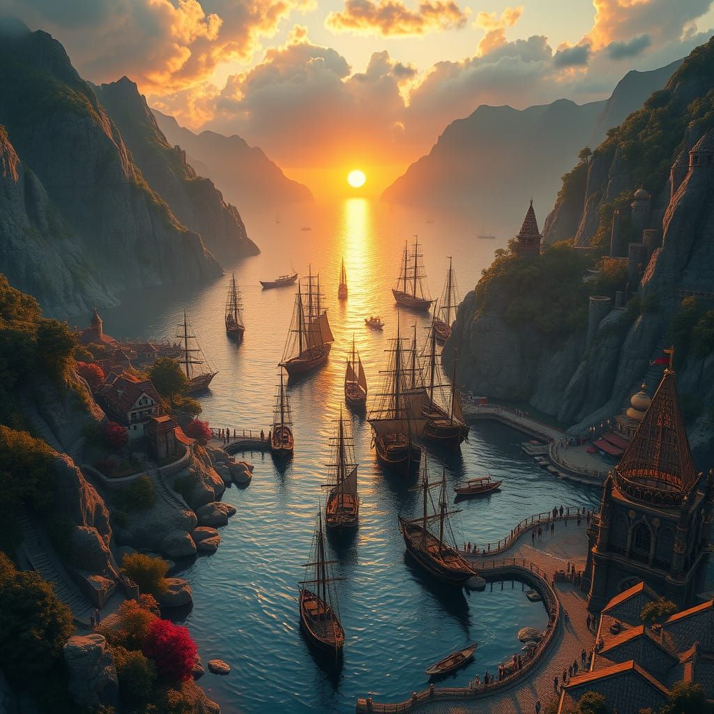 Epic Fantasy Harbour in Golden Sunset with Intricate Sailboa...
