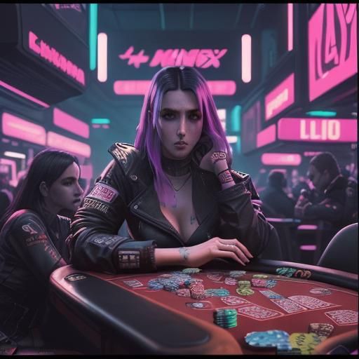 Cyberpunk Poker Cards in Neon Cityscape