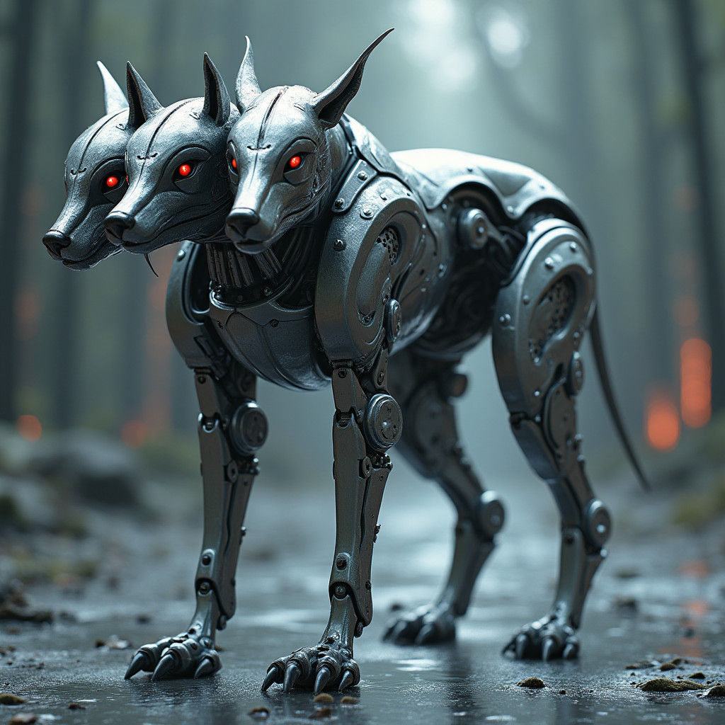 Mechanical Three-Headed Dog in Sci-Fi Style