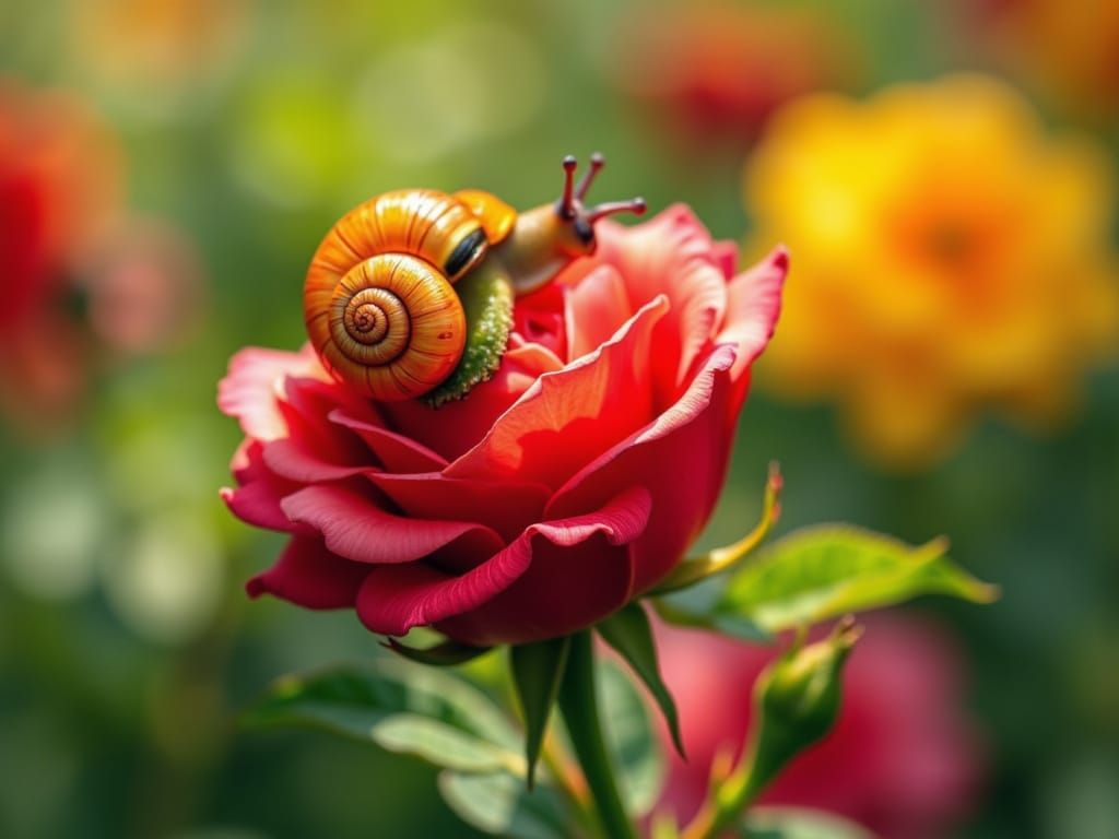 Cute Snail on Rose Leaf in Eric Carle Style