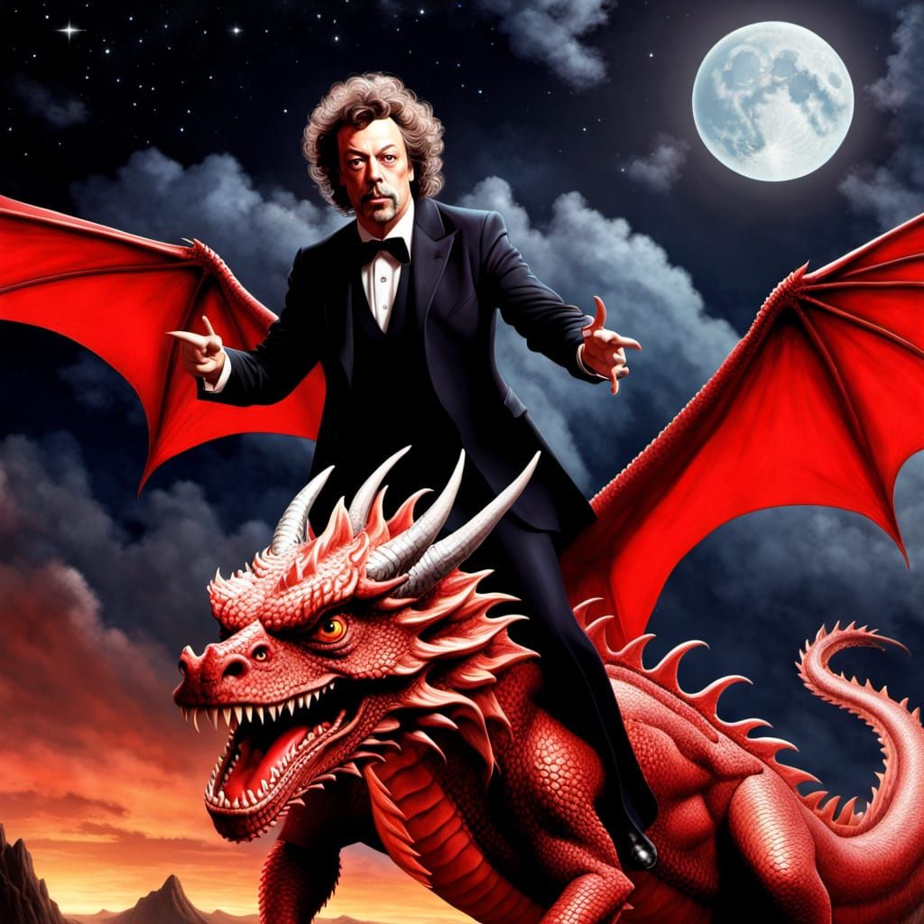 Elegant Tim Curry Riding a Red Dragon Across the Midnight Sk...