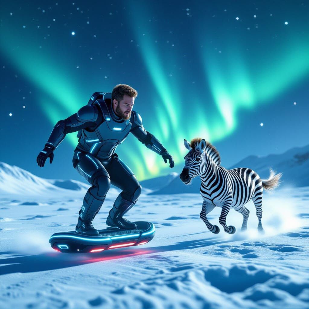Lunar Chase: Futuristic Man, Zebra, and Aurora