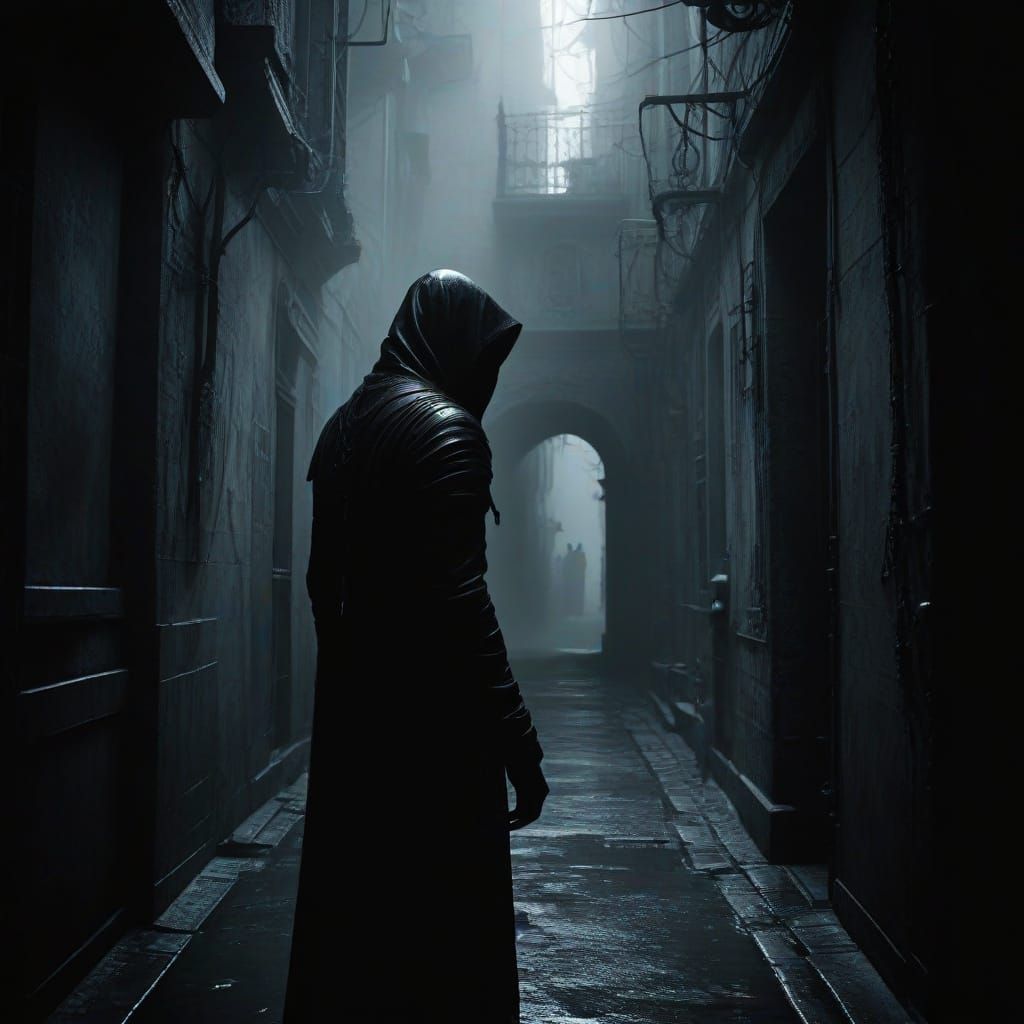 Mysterious Figure in a Dark, Misty Alleyway