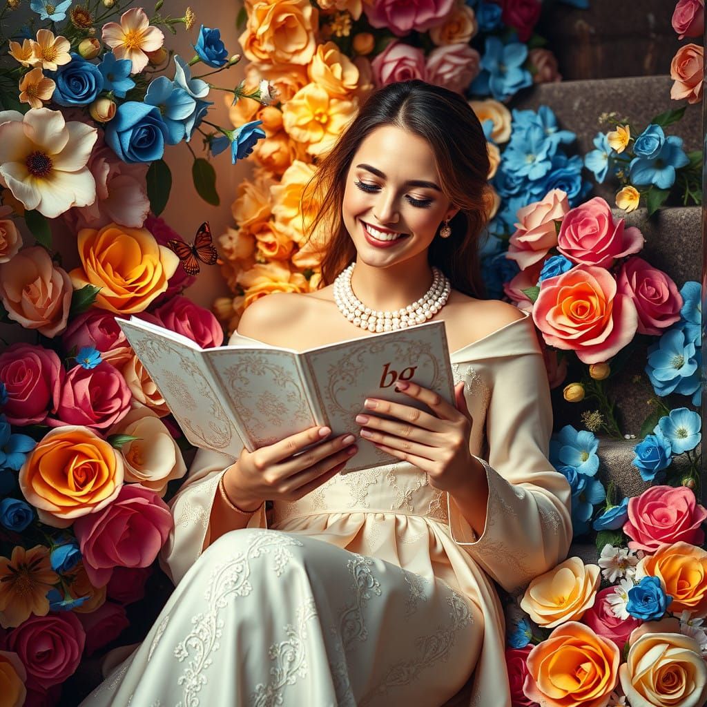 Italian Woman in Luxurious Mansion with Exotic Flowers and G...