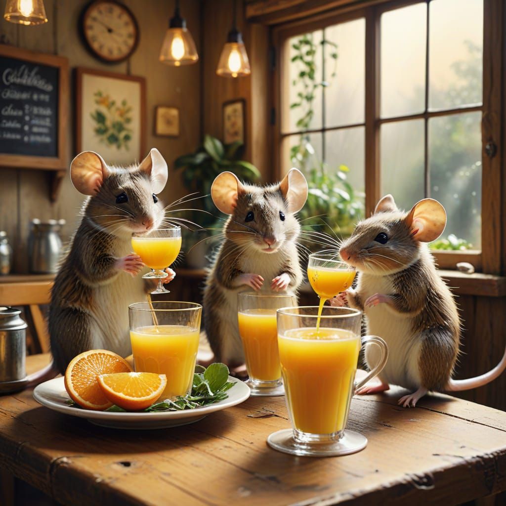 Mice Sip Juice: Whimsical Watercolor Cafe Scene