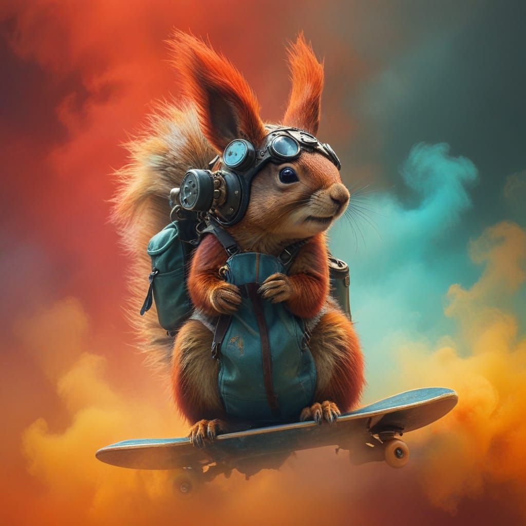 Vibrant Steampunk Squirrel Amidst Colorful Mist