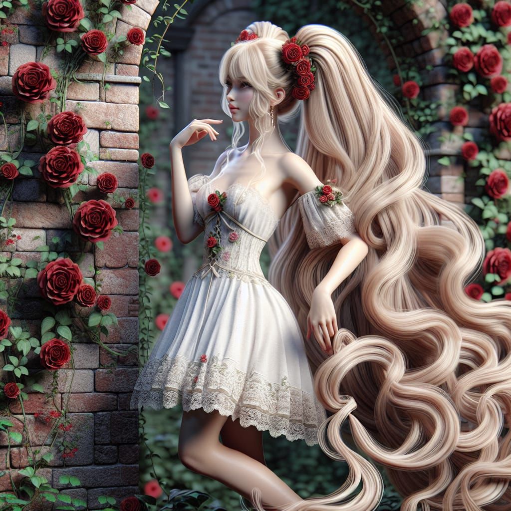 (Violet Evergarden-style) Beautiful woman with extremely long blonde hair in twin tails wearing a knee-length white dres...