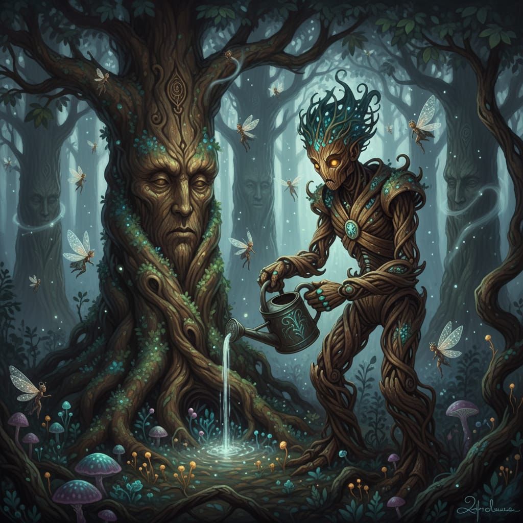 Living Automaton Tends Enchanted Forest Grove