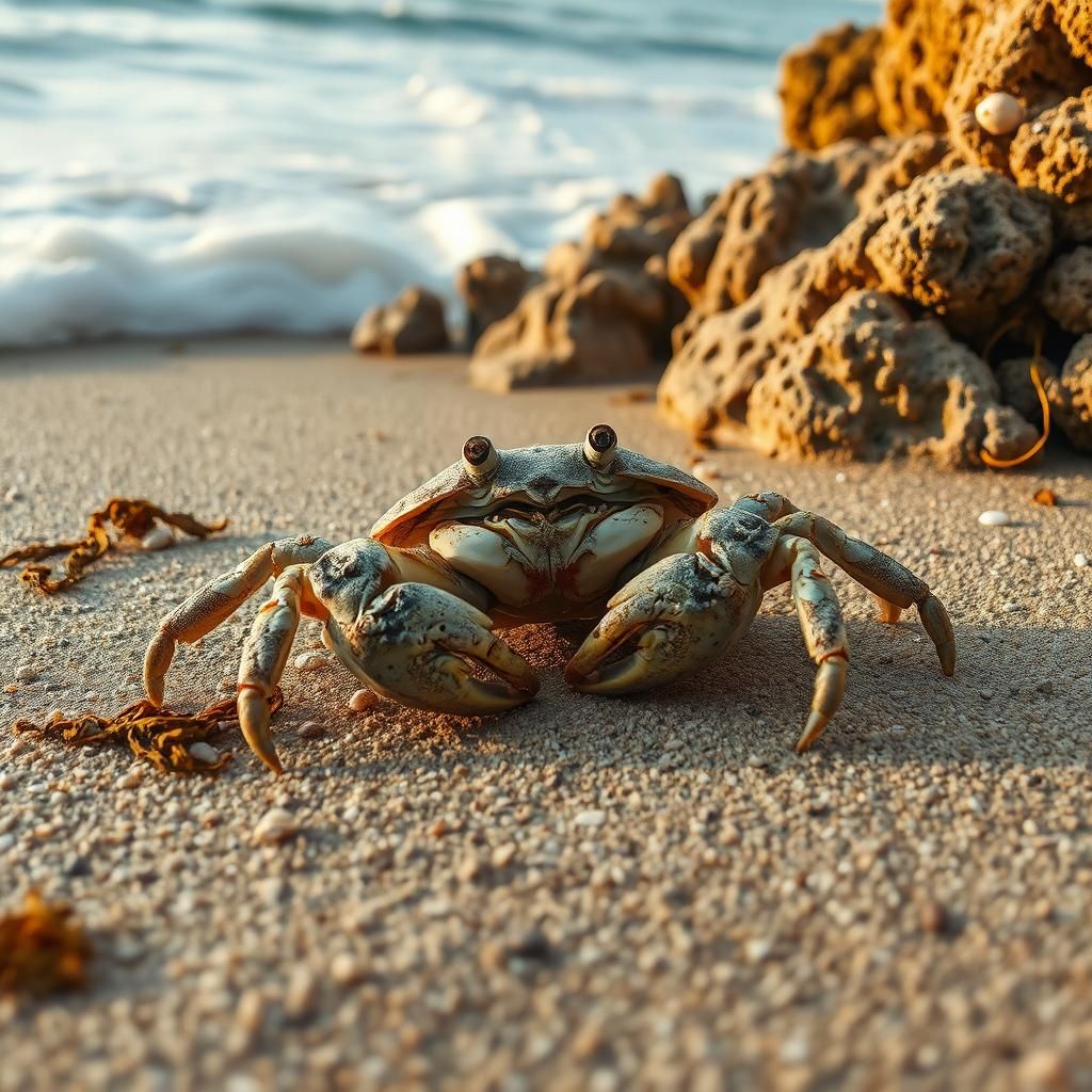 Weathered Crab in Contemplative Repose on Tropical Beach