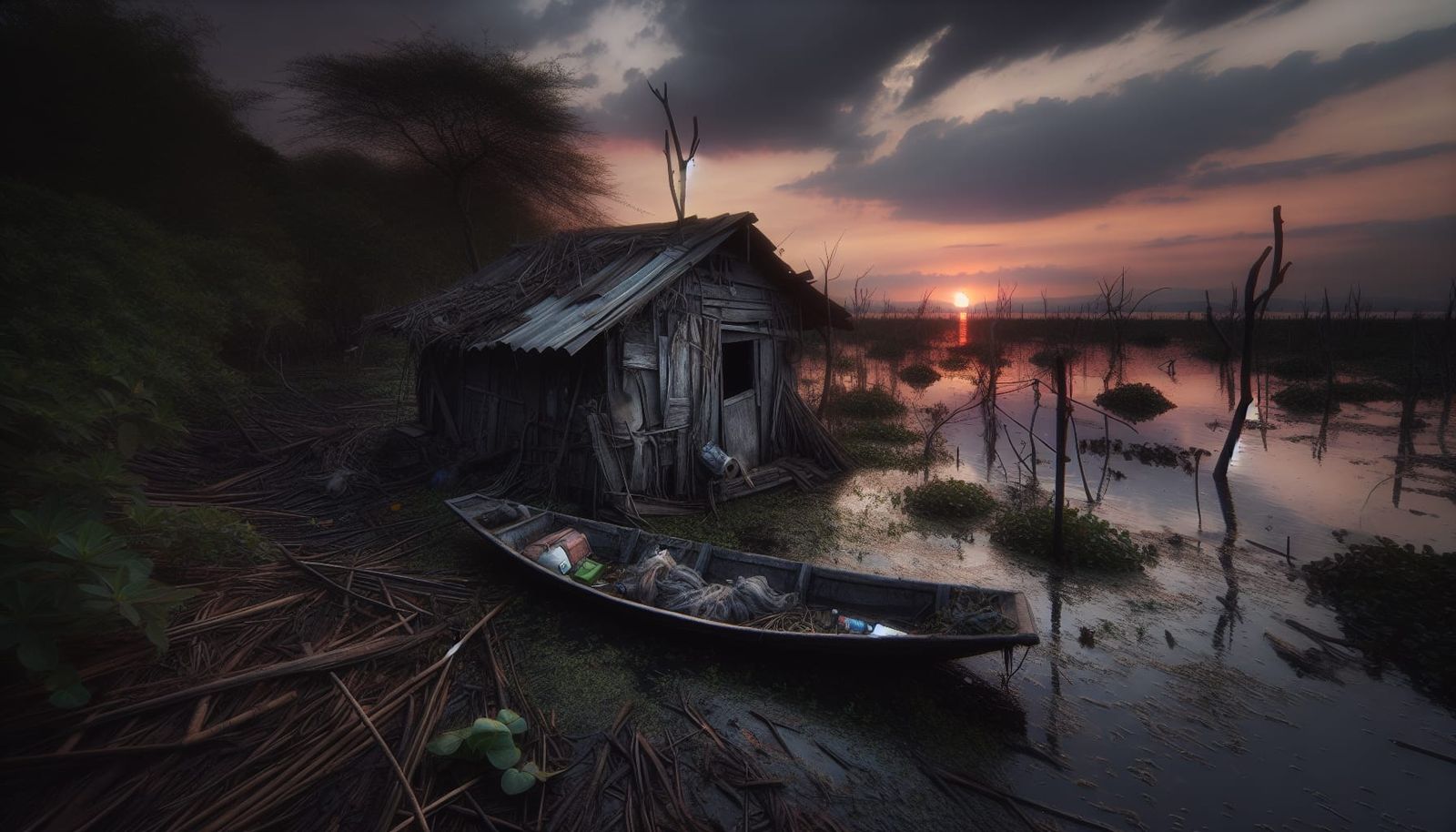 Swamp Shack at Dusk with Boat and Rats