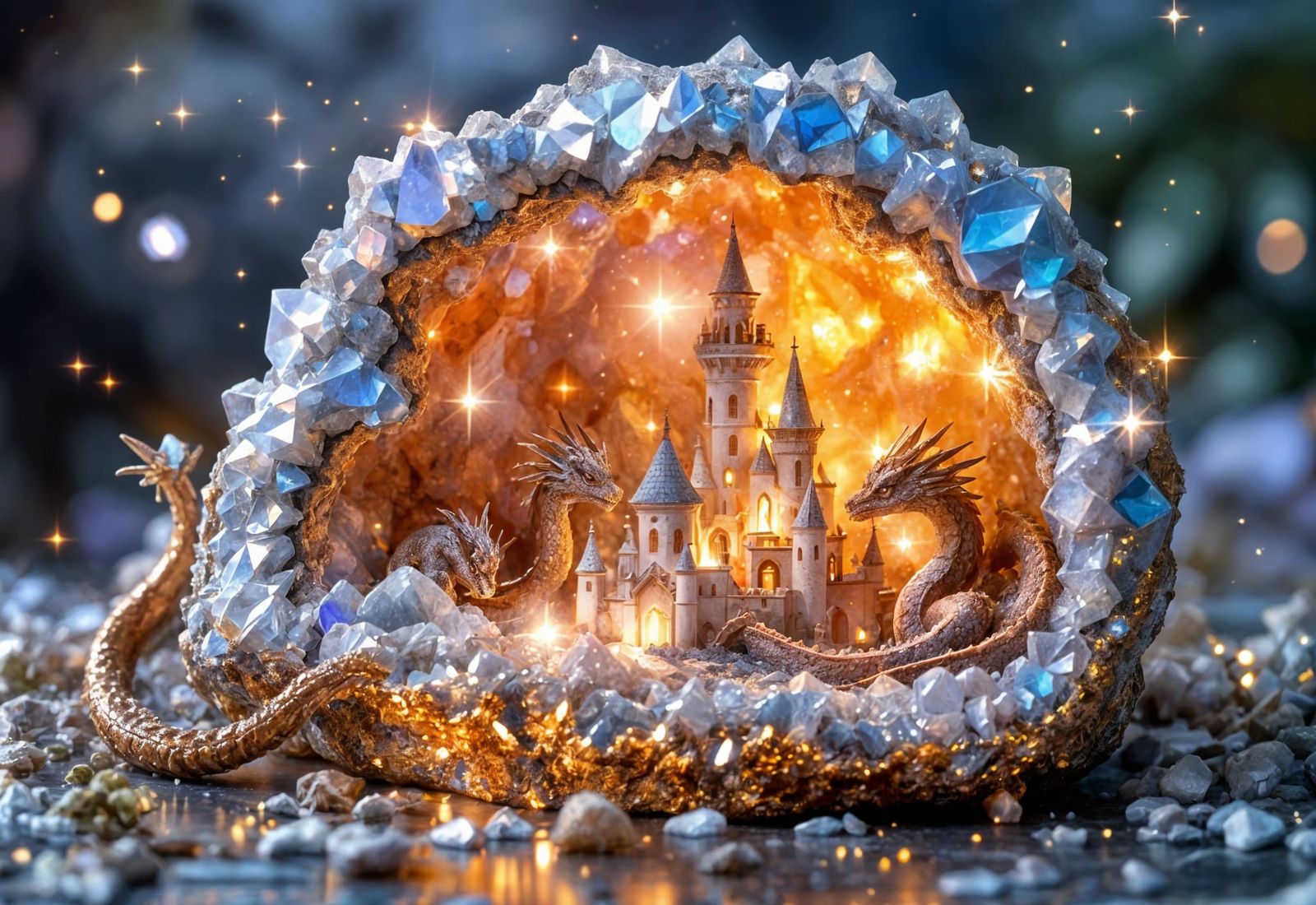 Fantasy Castle and Dragons in Crystal Geode