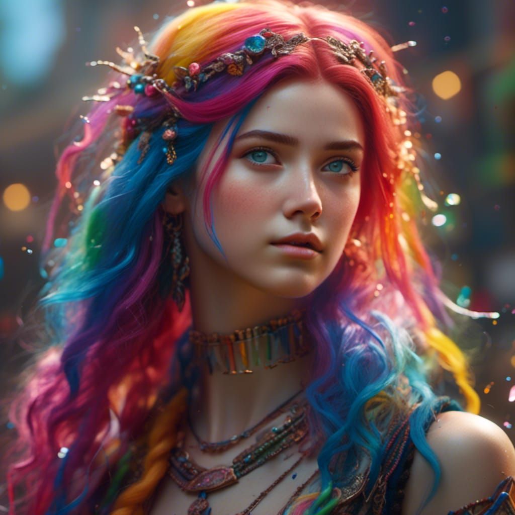 Rainbow Haired Girl: Detailed Fantasy Concept Art
