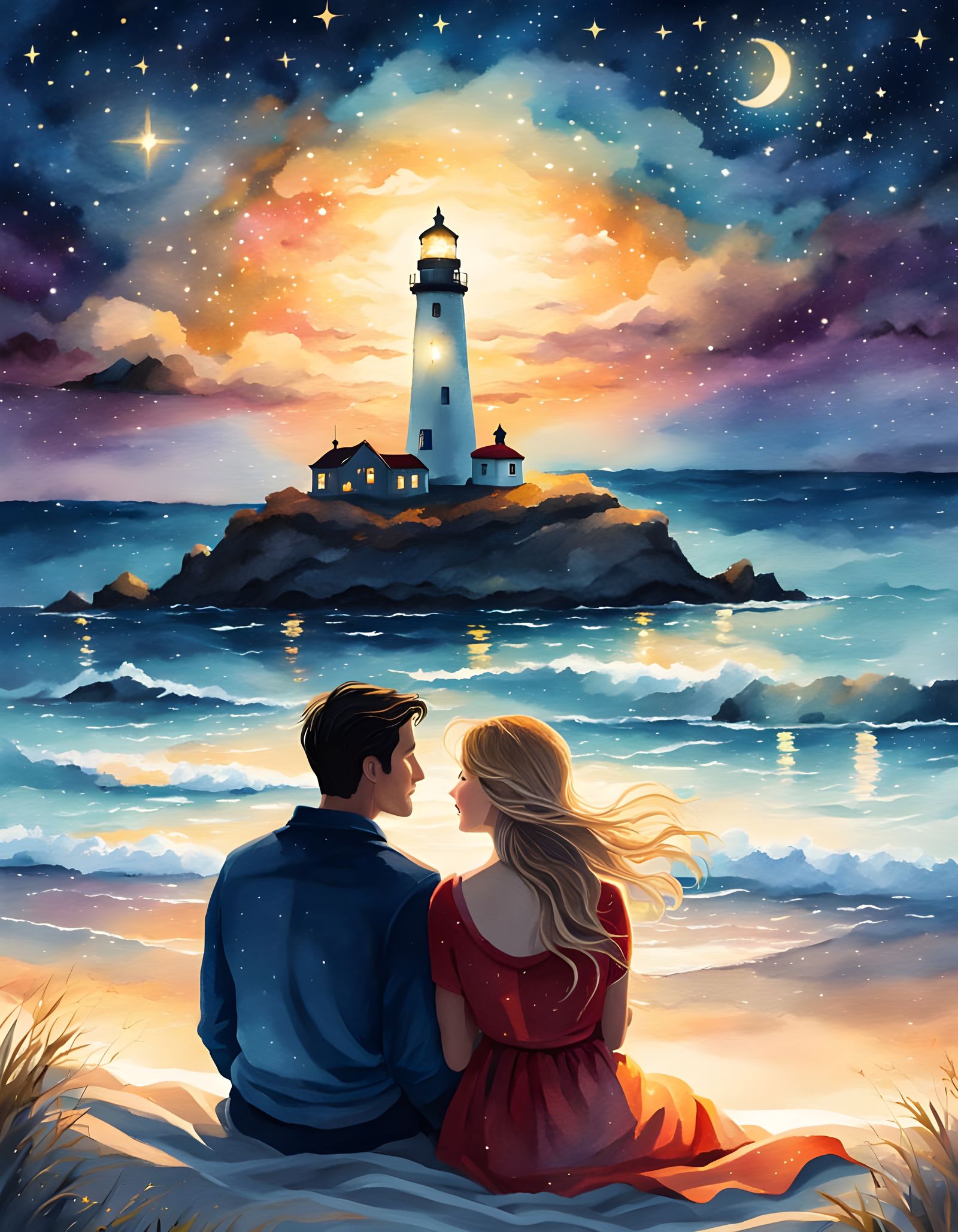 Romantic Beach Scene with Couple Gazing at Stars