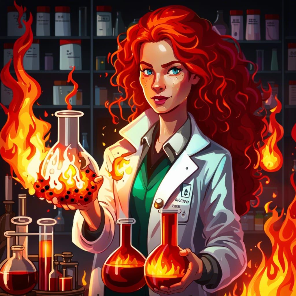 Fiery Lab Experiment with Red-Haired Scientist