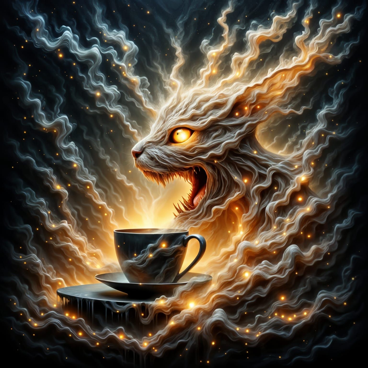 Golden Twilight Spirit Holding Coffee in Smoky Light