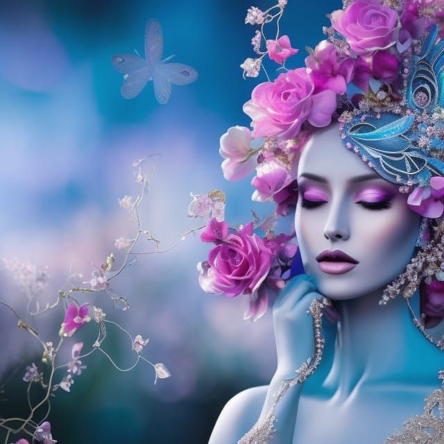 Ethereal Alien Woman with Petal Hair in Art Nouveau
