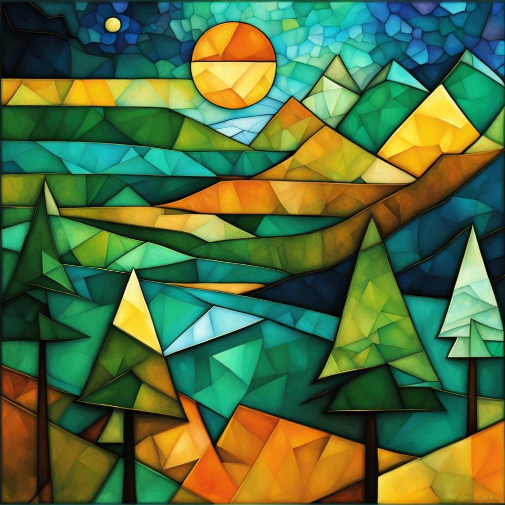 Cubist Pine Forest and Lake in Alcohol Ink Style