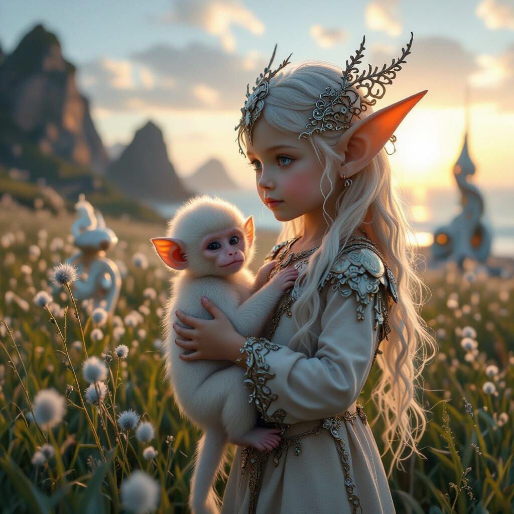 Elven Child in Fractal Field with Monkey