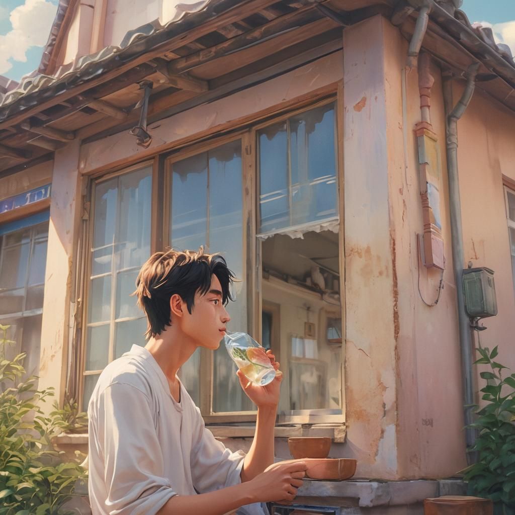 Cinematic Anime Art of Amir Drinking Water