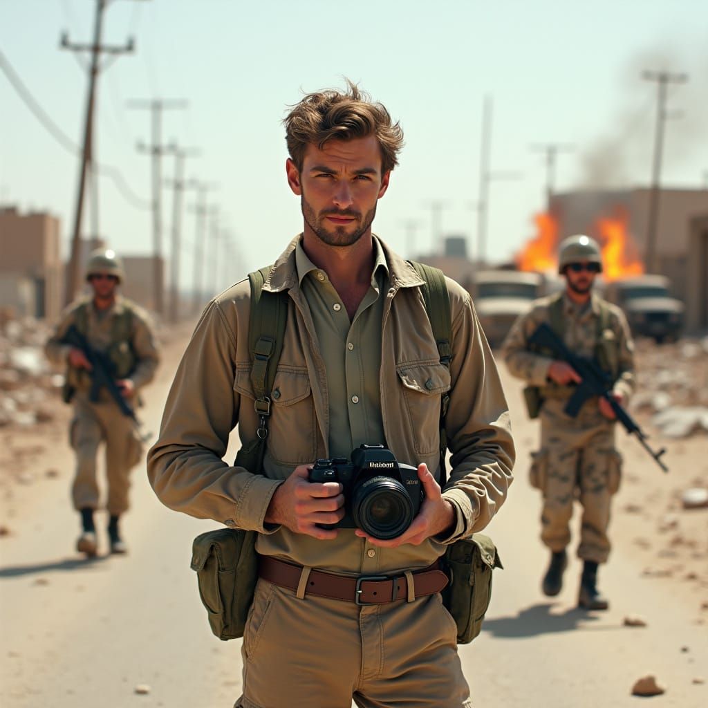 Man with Camera on Desert Street, Hyper Realistic Photo