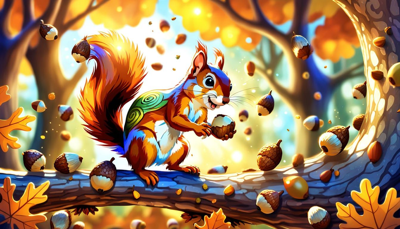 Squirrel Juggling Acorns: Whimsical Digital Art