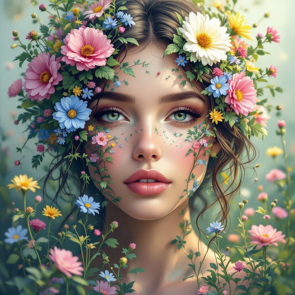 Mystical Woman and Garden Portrait in Pastel Colors