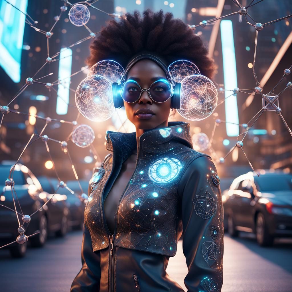 Afrofuturistic Woman in Sci-Fi Cityscape