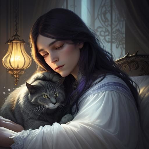 Dreamy Art Nouveau Portrait of Woman with Cat