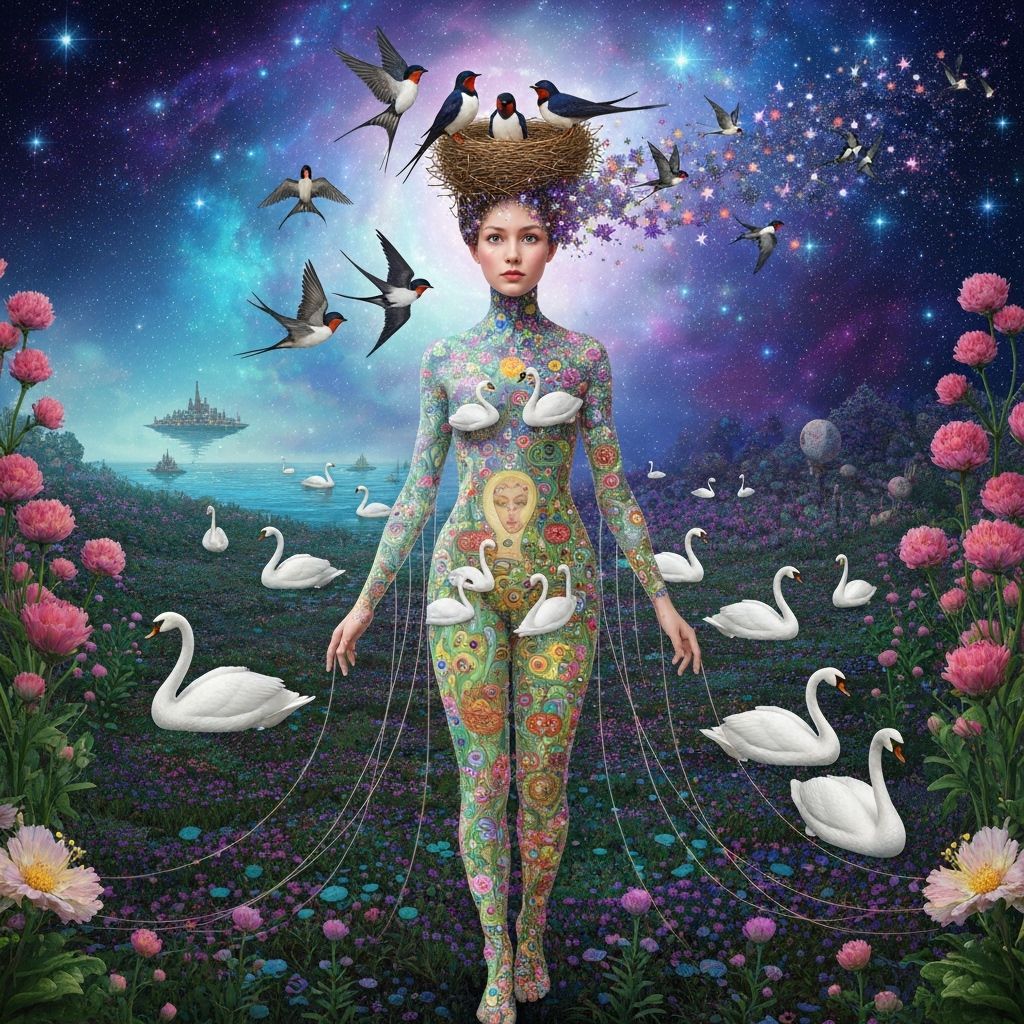 Ethereal Woman Transforming into Birds Amidst Cosmic Swirls