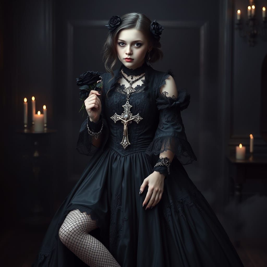 Gothic Victorian Teen Girl in Dark, Moody Atmosphere